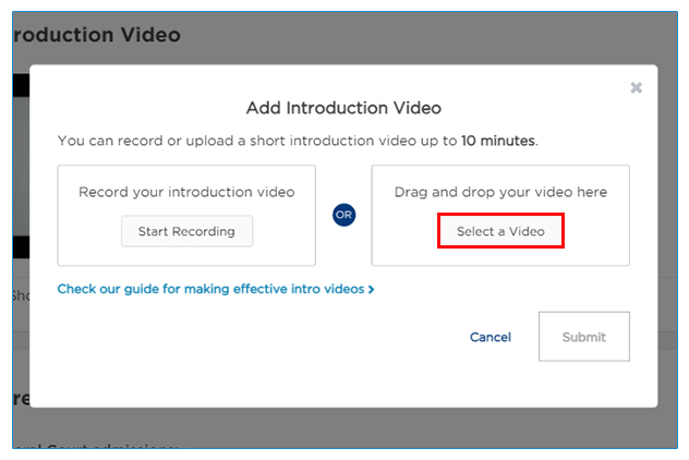 In the Add Introduction Video pop-up, click Select a Video