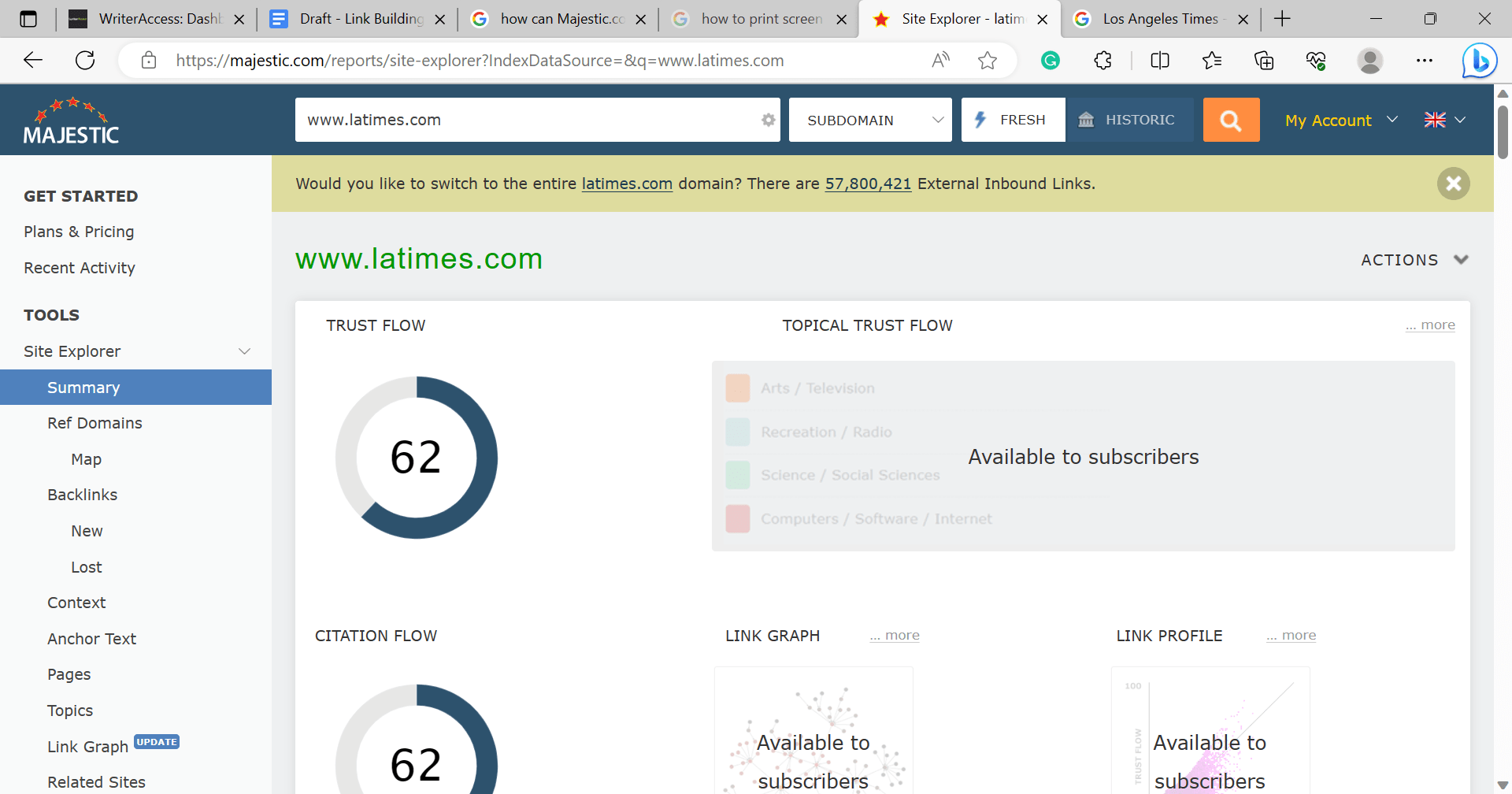 Majestic site explorer showing different charts of the stats of the LA Times website