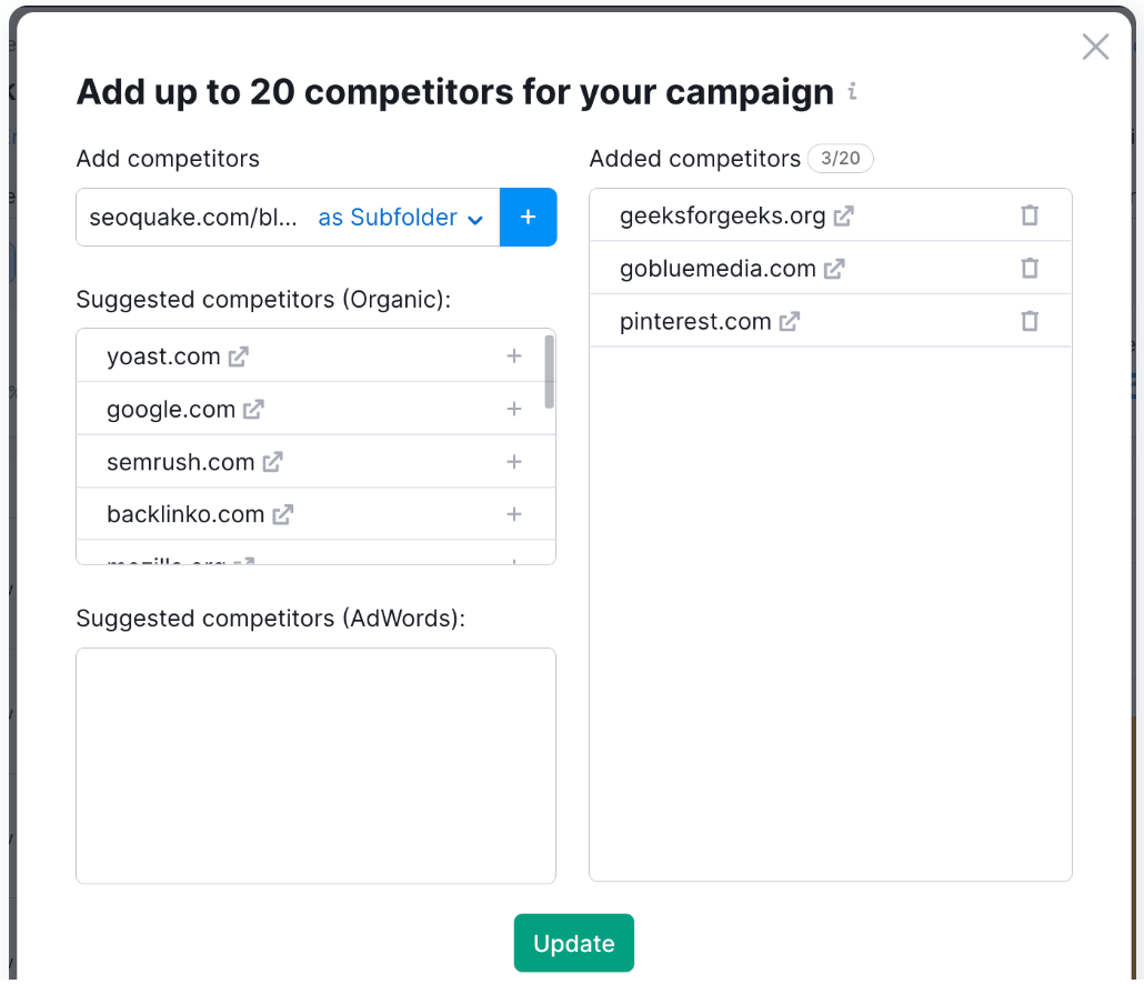 Competitors settings in Position Tracking